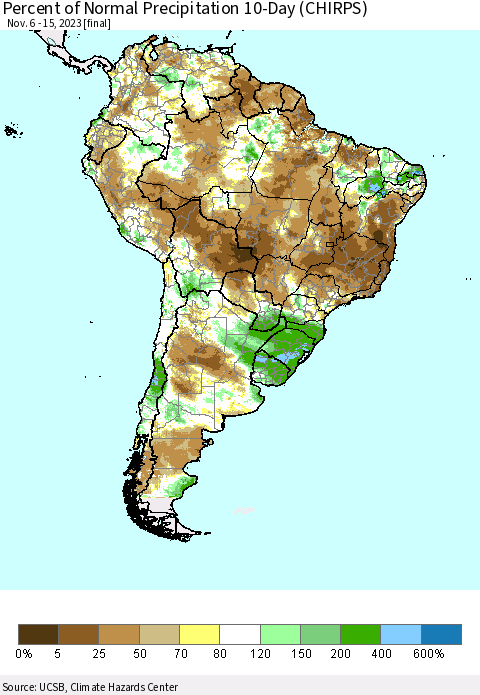 South America Percent of Normal Precipitation 10-Day (CHIRPS) Thematic Map For 11/6/2023 - 11/15/2023
