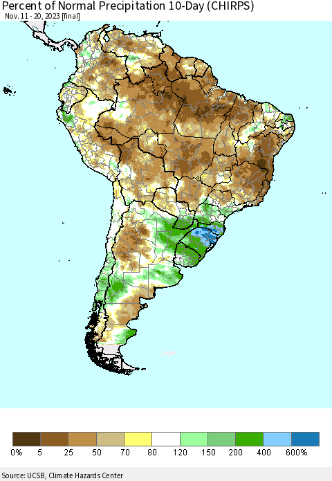 South America Percent of Normal Precipitation 10-Day (CHIRPS) Thematic Map For 11/11/2023 - 11/20/2023