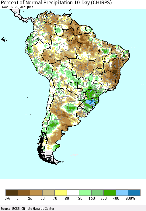 South America Percent of Normal Precipitation 10-Day (CHIRPS) Thematic Map For 11/16/2023 - 11/25/2023