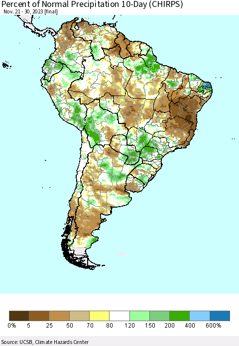 South America Percent of Normal Precipitation 10-Day (CHIRPS) Thematic Map For 11/21/2023 - 11/30/2023