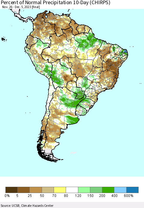 South America Percent of Normal Precipitation 10-Day (CHIRPS) Thematic Map For 11/26/2023 - 12/5/2023