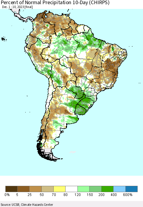 South America Percent of Normal Precipitation 10-Day (CHIRPS) Thematic Map For 12/1/2023 - 12/10/2023