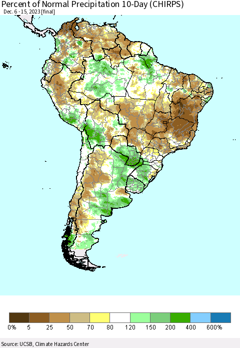 South America Percent of Normal Precipitation 10-Day (CHIRPS) Thematic Map For 12/6/2023 - 12/15/2023
