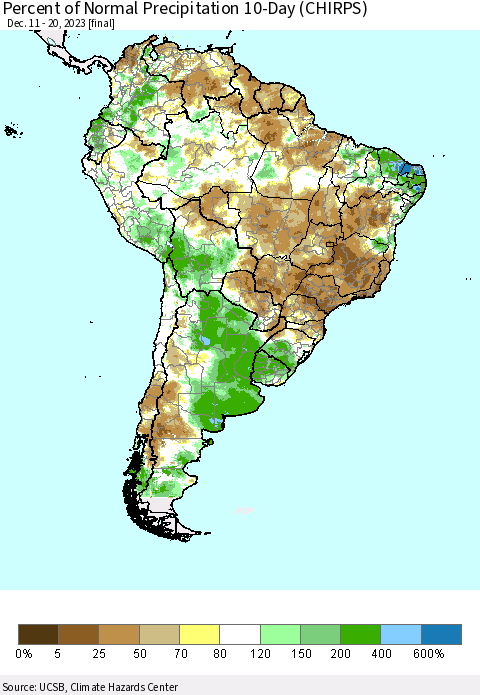 South America Percent of Normal Precipitation 10-Day (CHIRPS) Thematic Map For 12/11/2023 - 12/20/2023