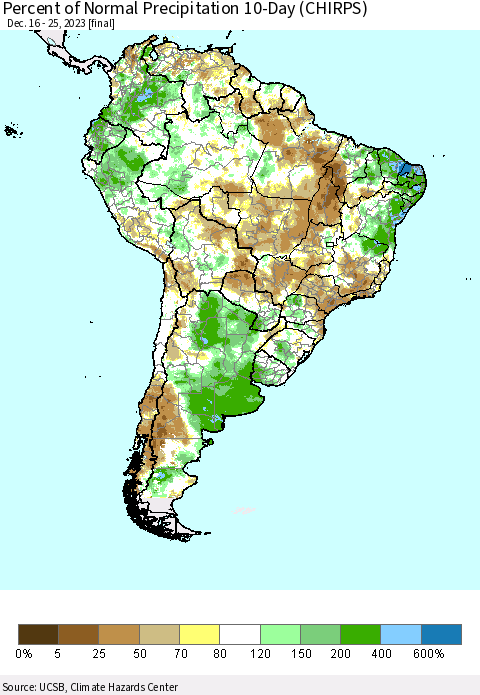 South America Percent of Normal Precipitation 10-Day (CHIRPS) Thematic Map For 12/16/2023 - 12/25/2023