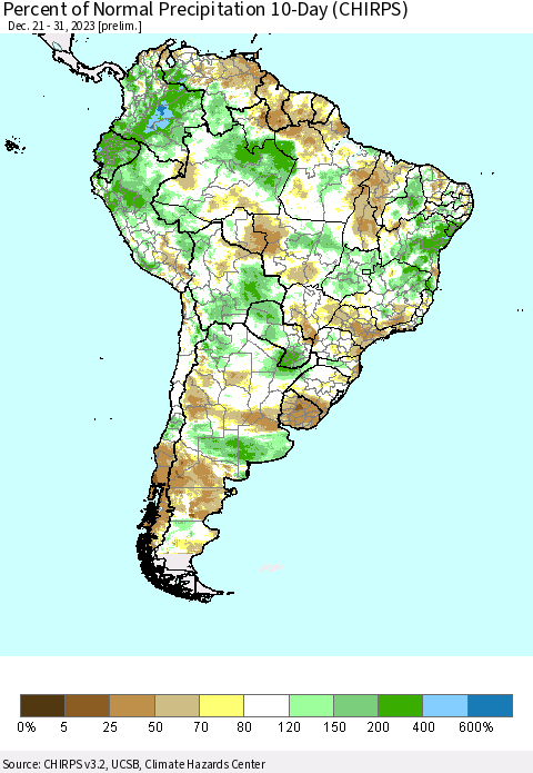South America Percent of Normal Precipitation 10-Day (CHIRPS) Thematic Map For 12/21/2023 - 12/31/2023