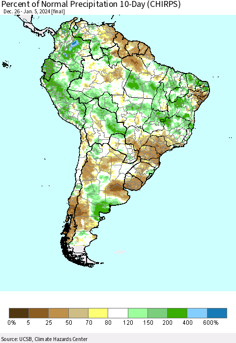 South America Percent of Normal Precipitation 10-Day (CHIRPS) Thematic Map For 12/26/2023 - 1/5/2024