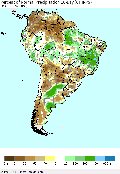 South America Percent of Normal Precipitation 10-Day (CHIRPS) Thematic Map For 1/1/2024 - 1/10/2024