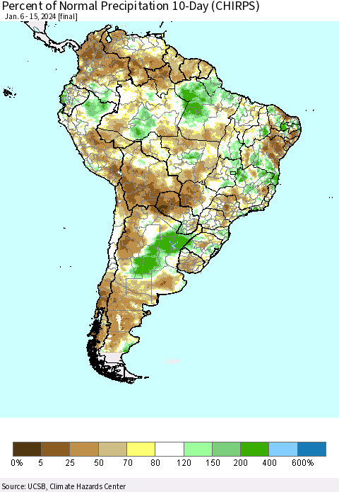 South America Percent of Normal Precipitation 10-Day (CHIRPS) Thematic Map For 1/6/2024 - 1/15/2024