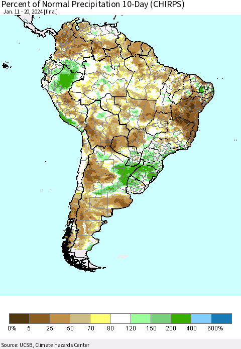 South America Percent of Normal Precipitation 10-Day (CHIRPS) Thematic Map For 1/11/2024 - 1/20/2024