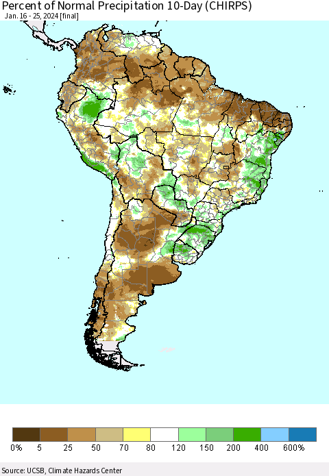 South America Percent of Normal Precipitation 10-Day (CHIRPS) Thematic Map For 1/16/2024 - 1/25/2024