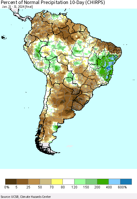South America Percent of Normal Precipitation 10-Day (CHIRPS) Thematic Map For 1/21/2024 - 1/31/2024