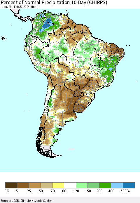 South America Percent of Normal Precipitation 10-Day (CHIRPS) Thematic Map For 1/26/2024 - 2/5/2024