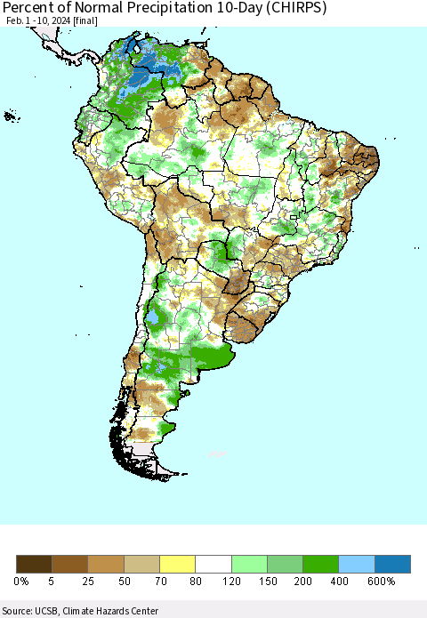 South America Percent of Normal Precipitation 10-Day (CHIRPS) Thematic Map For 2/1/2024 - 2/10/2024