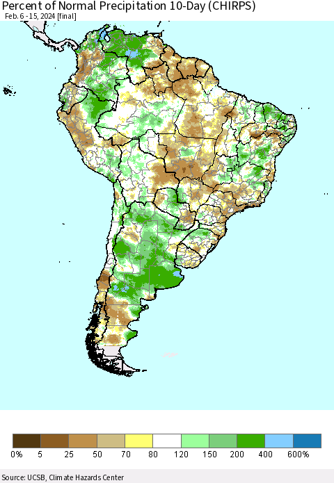 South America Percent of Normal Precipitation 10-Day (CHIRPS) Thematic Map For 2/6/2024 - 2/15/2024