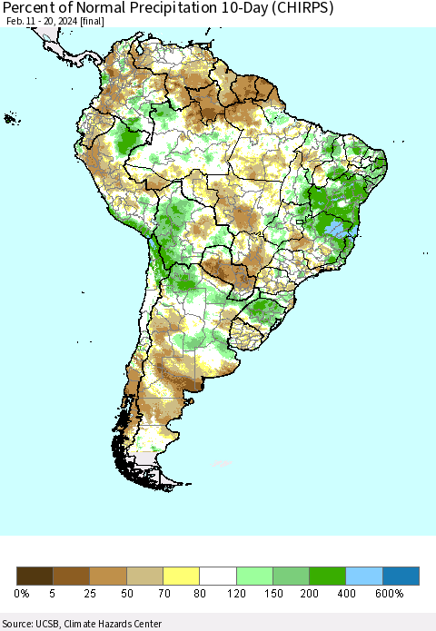 South America Percent of Normal Precipitation 10-Day (CHIRPS) Thematic Map For 2/11/2024 - 2/20/2024