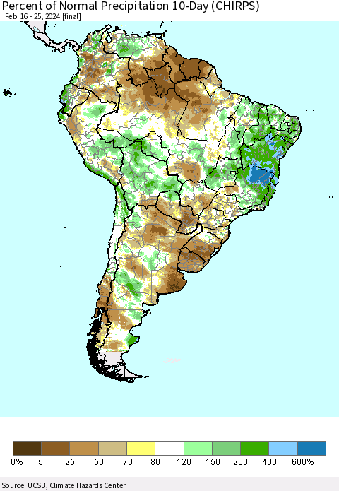 South America Percent of Normal Precipitation 10-Day (CHIRPS) Thematic Map For 2/16/2024 - 2/25/2024