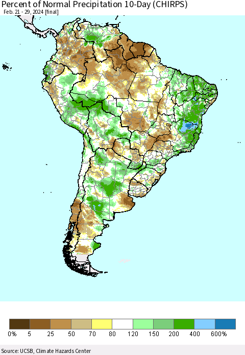 South America Percent of Normal Precipitation 10-Day (CHIRPS) Thematic Map For 2/21/2024 - 2/29/2024