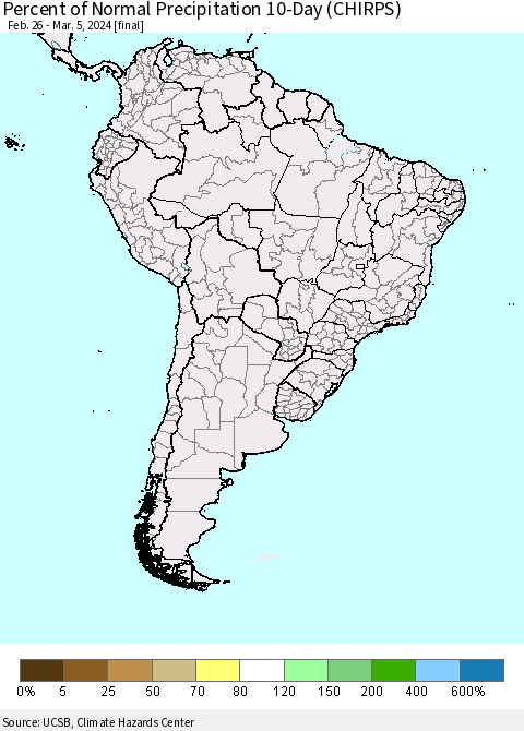 South America Percent of Normal Precipitation 10-Day (CHIRPS) Thematic Map For 2/26/2024 - 3/5/2024