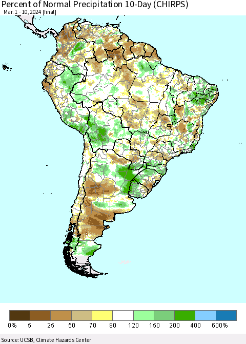South America Percent of Normal Precipitation 10-Day (CHIRPS) Thematic Map For 3/1/2024 - 3/10/2024