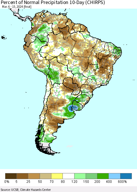 South America Percent of Normal Precipitation 10-Day (CHIRPS) Thematic Map For 3/6/2024 - 3/15/2024