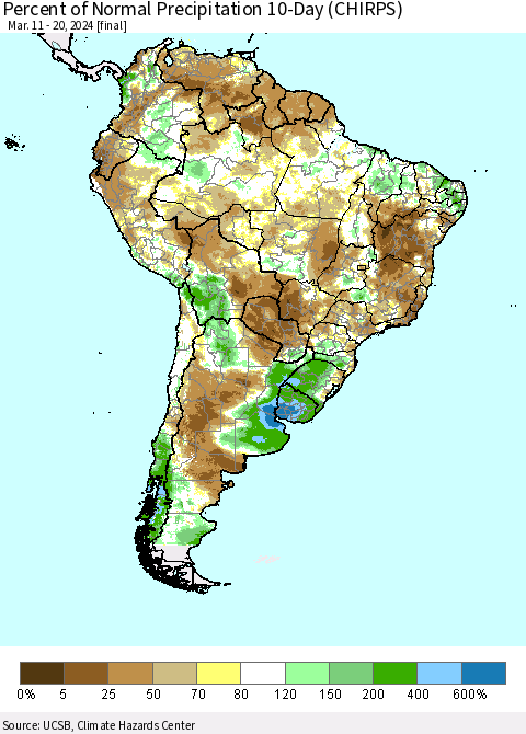 South America Percent of Normal Precipitation 10-Day (CHIRPS) Thematic Map For 3/11/2024 - 3/20/2024