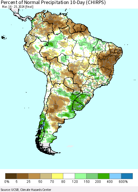 South America Percent of Normal Precipitation 10-Day (CHIRPS) Thematic Map For 3/16/2024 - 3/25/2024