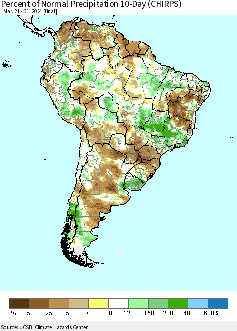 South America Percent of Normal Precipitation 10-Day (CHIRPS) Thematic Map For 3/21/2024 - 3/31/2024