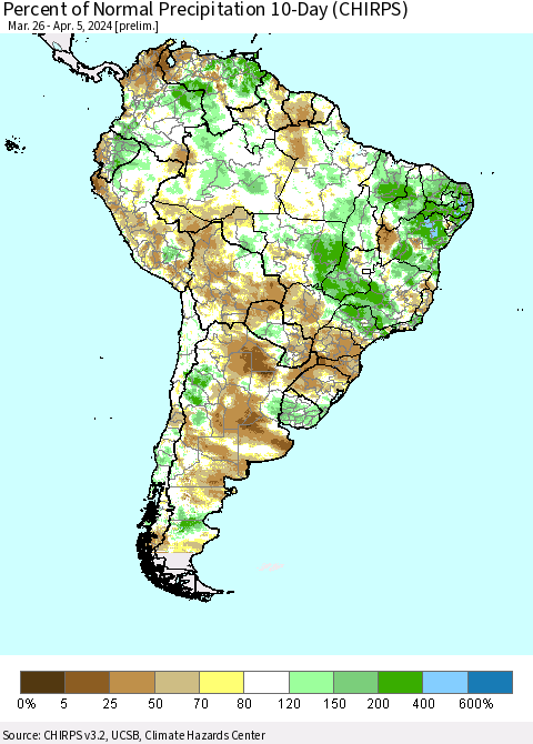 South America Percent of Normal Precipitation 10-Day (CHIRPS) Thematic Map For 3/26/2024 - 4/5/2024