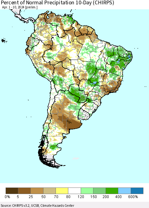 South America Percent of Normal Precipitation 10-Day (CHIRPS) Thematic Map For 4/1/2024 - 4/10/2024