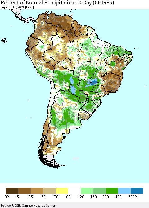 South America Percent of Normal Precipitation 10-Day (CHIRPS) Thematic Map For 4/6/2024 - 4/15/2024