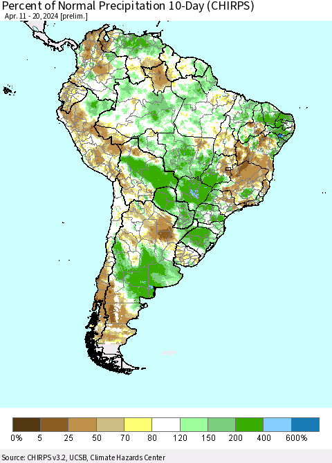South America Percent of Normal Precipitation 10-Day (CHIRPS) Thematic Map For 4/11/2024 - 4/20/2024
