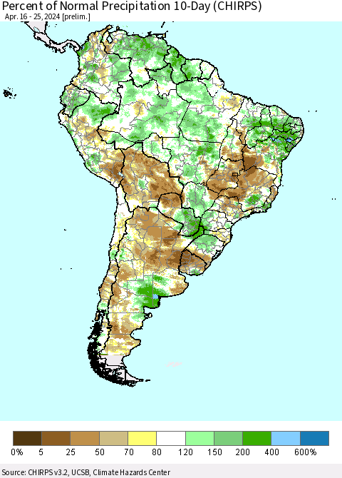 South America Percent of Normal Precipitation 10-Day (CHIRPS) Thematic Map For 4/16/2024 - 4/25/2024