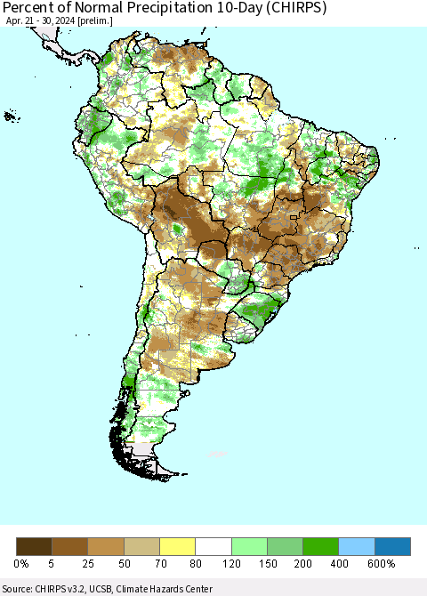 South America Percent of Normal Precipitation 10-Day (CHIRPS) Thematic Map For 4/21/2024 - 4/30/2024