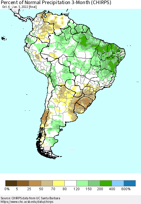 South America Percent of Normal Precipitation 3-Month (CHIRPS) Thematic Map For 10/6/2021 - 1/5/2022