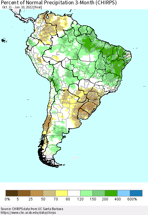 South America Percent of Normal Precipitation 3-Month (CHIRPS) Thematic Map For 10/11/2021 - 1/10/2022
