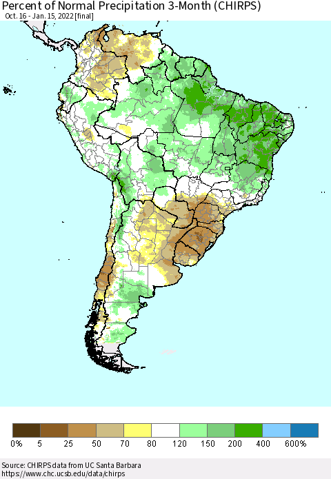 South America Percent of Normal Precipitation 3-Month (CHIRPS) Thematic Map For 10/16/2021 - 1/15/2022