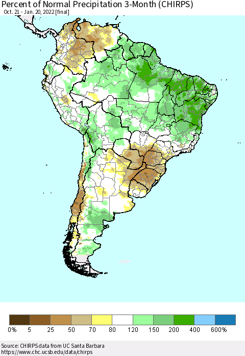 South America Percent of Normal Precipitation 3-Month (CHIRPS) Thematic Map For 10/21/2021 - 1/20/2022