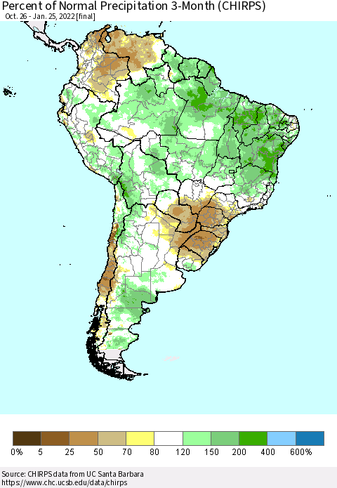South America Percent of Normal Precipitation 3-Month (CHIRPS) Thematic Map For 10/26/2021 - 1/25/2022