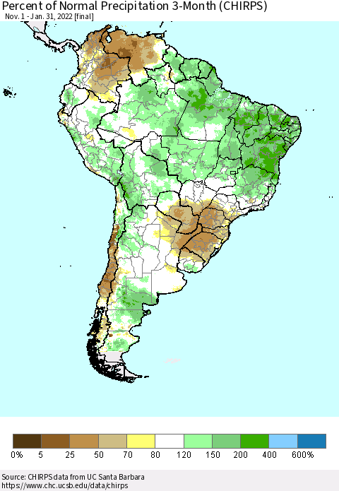 South America Percent of Normal Precipitation 3-Month (CHIRPS) Thematic Map For 11/1/2021 - 1/31/2022