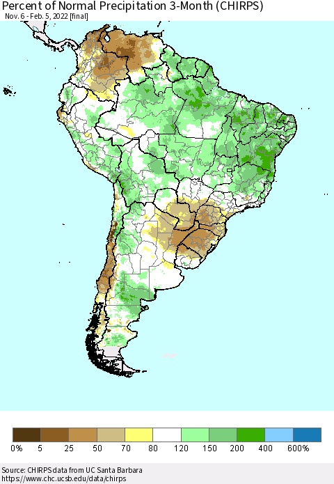 South America Percent of Normal Precipitation 3-Month (CHIRPS) Thematic Map For 11/6/2021 - 2/5/2022
