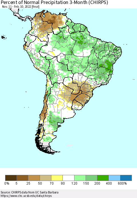 South America Percent of Normal Precipitation 3-Month (CHIRPS) Thematic Map For 11/11/2021 - 2/10/2022