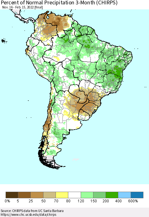 South America Percent of Normal Precipitation 3-Month (CHIRPS) Thematic Map For 11/16/2021 - 2/15/2022
