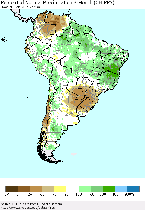 South America Percent of Normal Precipitation 3-Month (CHIRPS) Thematic Map For 11/21/2021 - 2/20/2022