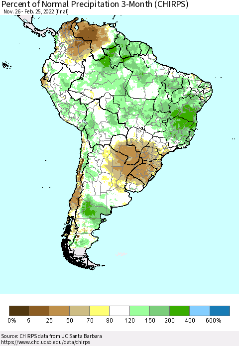 South America Percent of Normal Precipitation 3-Month (CHIRPS) Thematic Map For 11/26/2021 - 2/25/2022