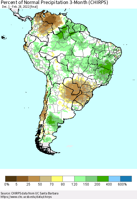 South America Percent of Normal Precipitation 3-Month (CHIRPS) Thematic Map For 12/1/2021 - 2/28/2022