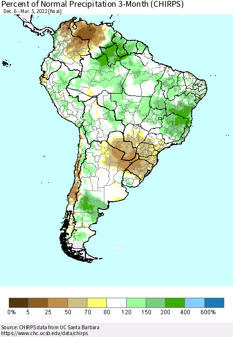 South America Percent of Normal Precipitation 3-Month (CHIRPS) Thematic Map For 12/6/2021 - 3/5/2022