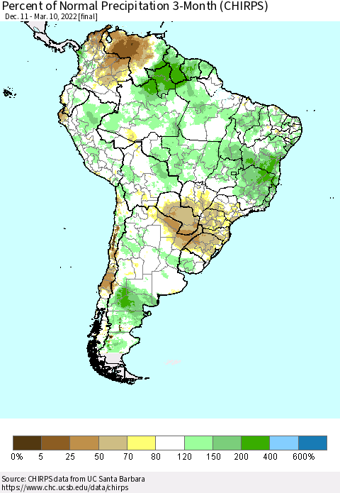 South America Percent of Normal Precipitation 3-Month (CHIRPS) Thematic Map For 12/11/2021 - 3/10/2022