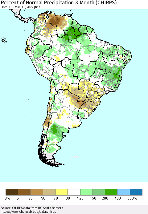 South America Percent of Normal Precipitation 3-Month (CHIRPS) Thematic Map For 12/16/2021 - 3/15/2022