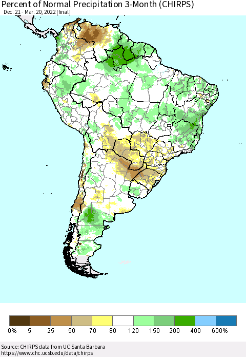 South America Percent of Normal Precipitation 3-Month (CHIRPS) Thematic Map For 12/21/2021 - 3/20/2022
